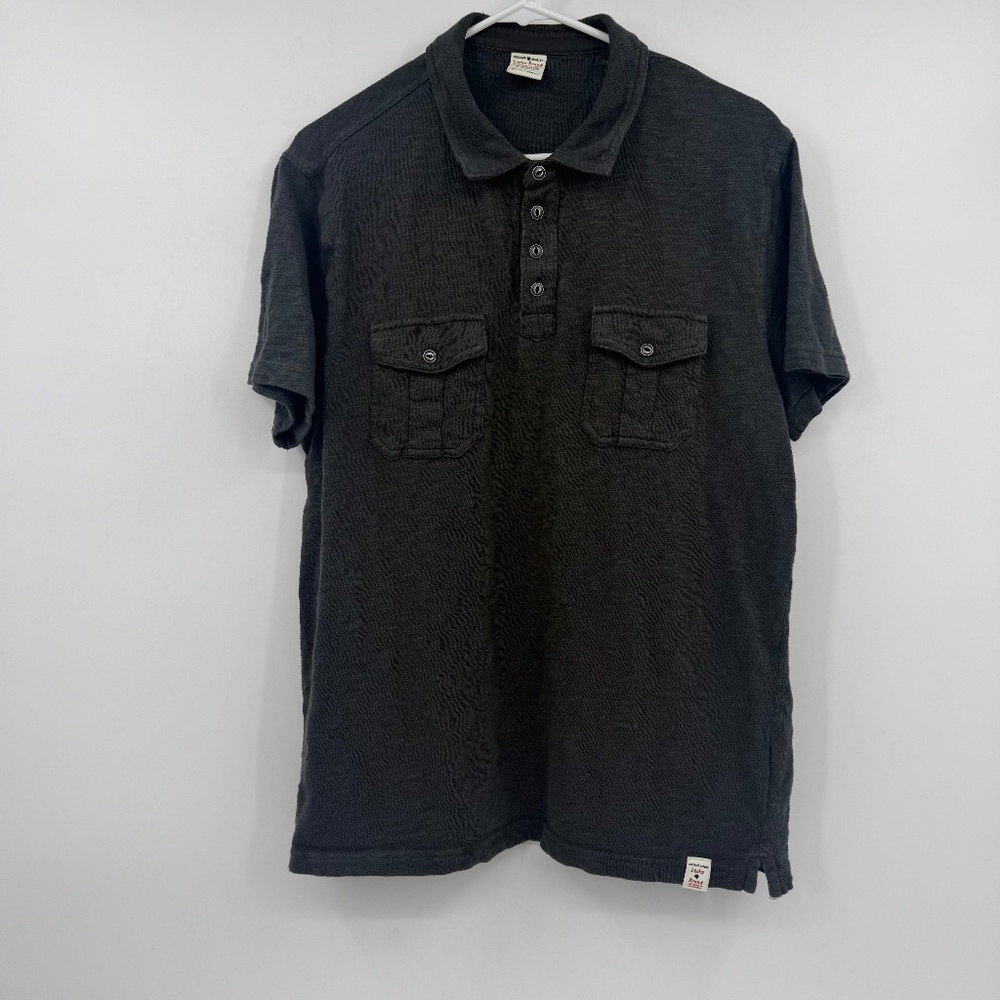 Lucky Brand Polo Shirt Men Large Gray Short Sleeve Slub Cotton Preppy Casual